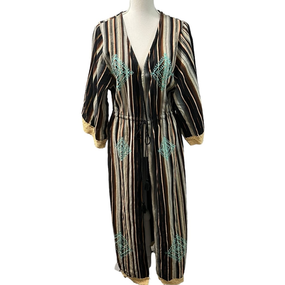 Angel + Premium Aztec Bohemian Embroidered Multicolor Lace Trim Duster Jacket S